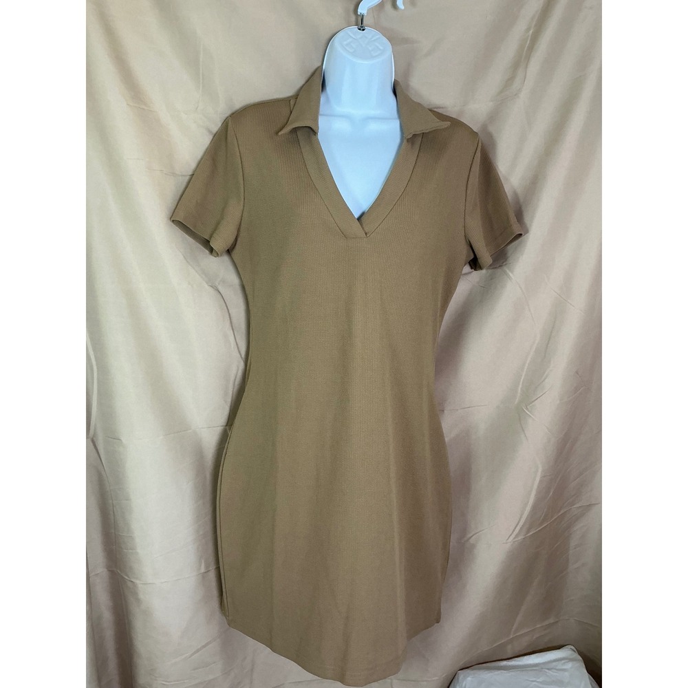 Cider Polo Mini Dress Womens M Khaki Tan Excellent Ribbed V-Neck Short Sleeve - Picture 2 of 9